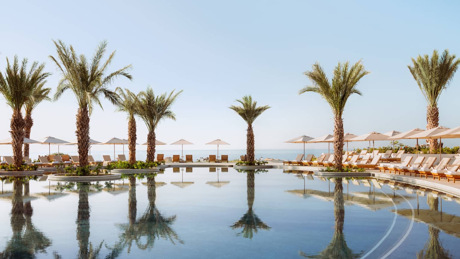 Palm trees reflect off a pool lined with lounge chairs and umbrellas, with a view of the ocean, at Four Seasons Resort and Residences Cabo San Lucas