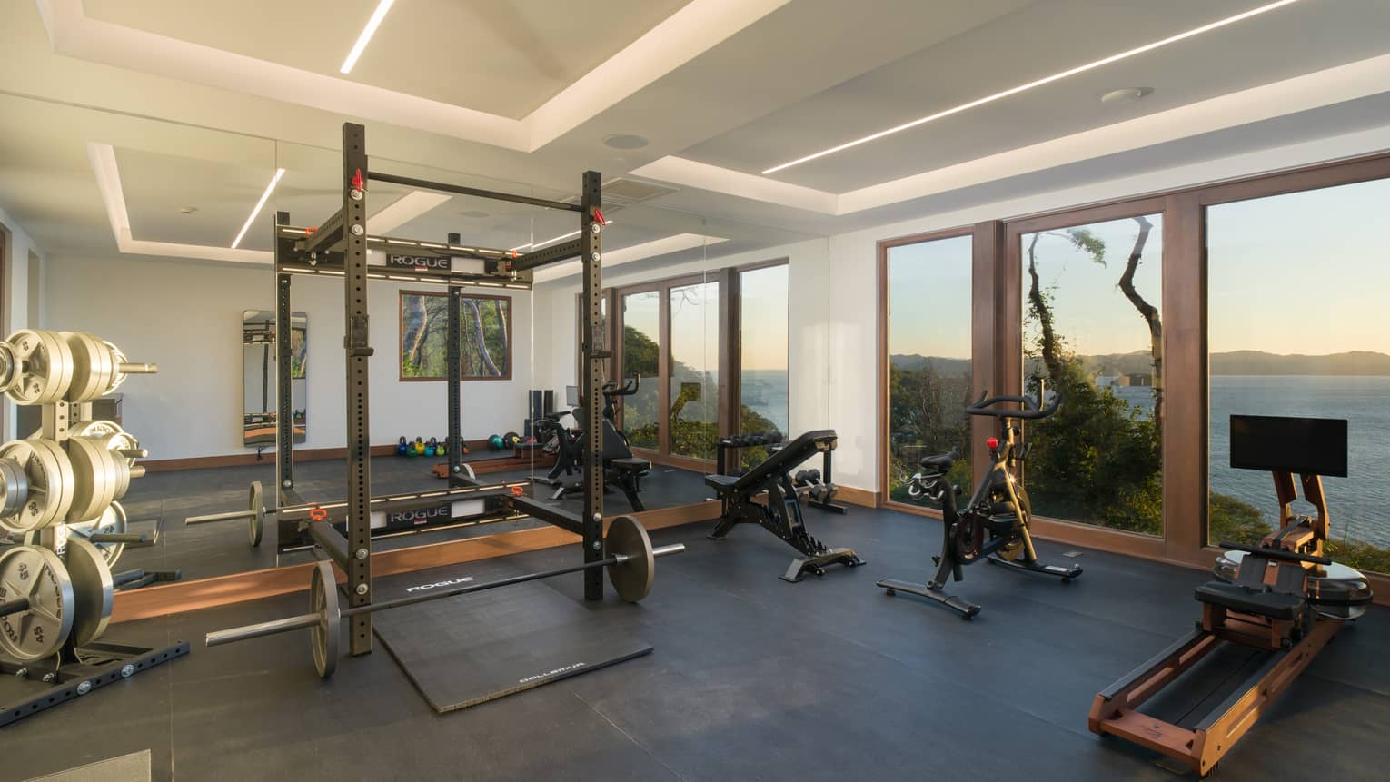 Indoor gym with weights, bike and rower