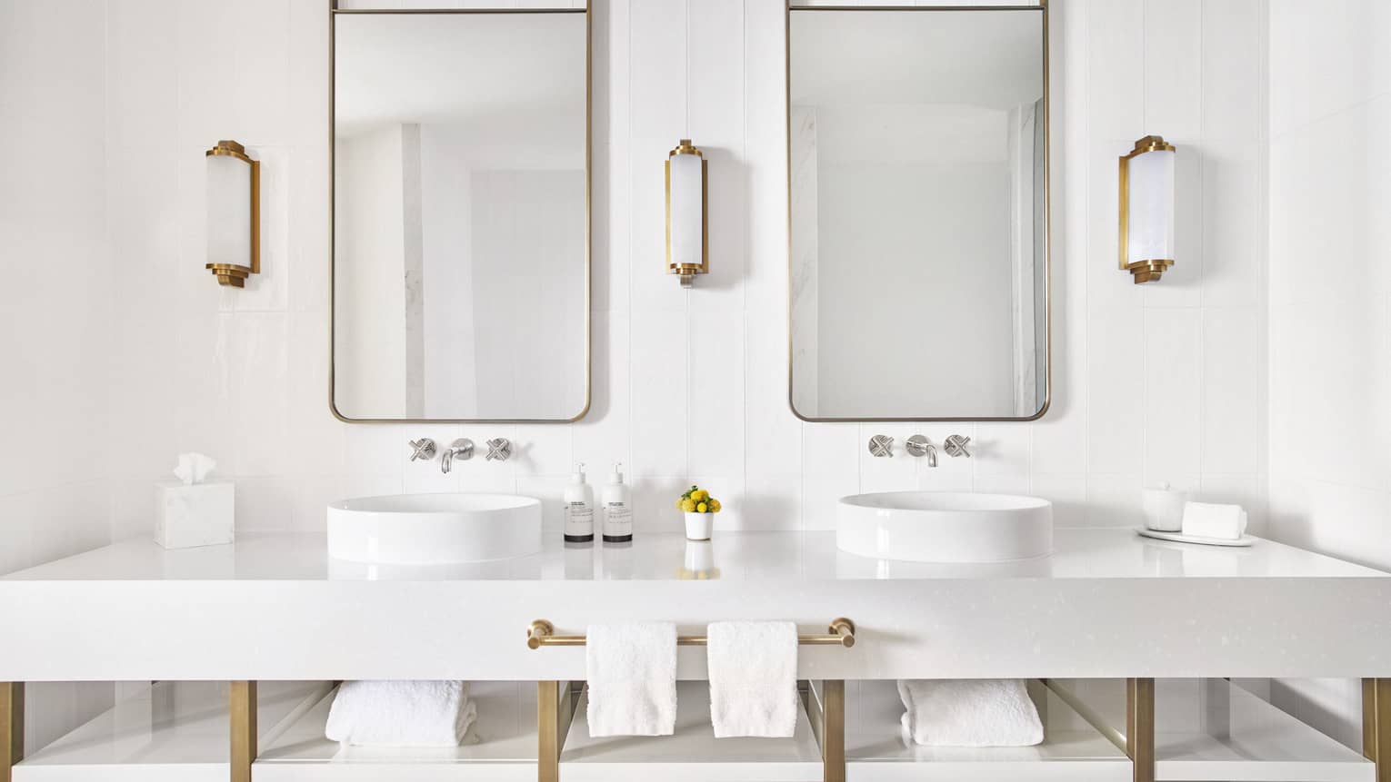 Bathroom with white double vanity and two mirrors