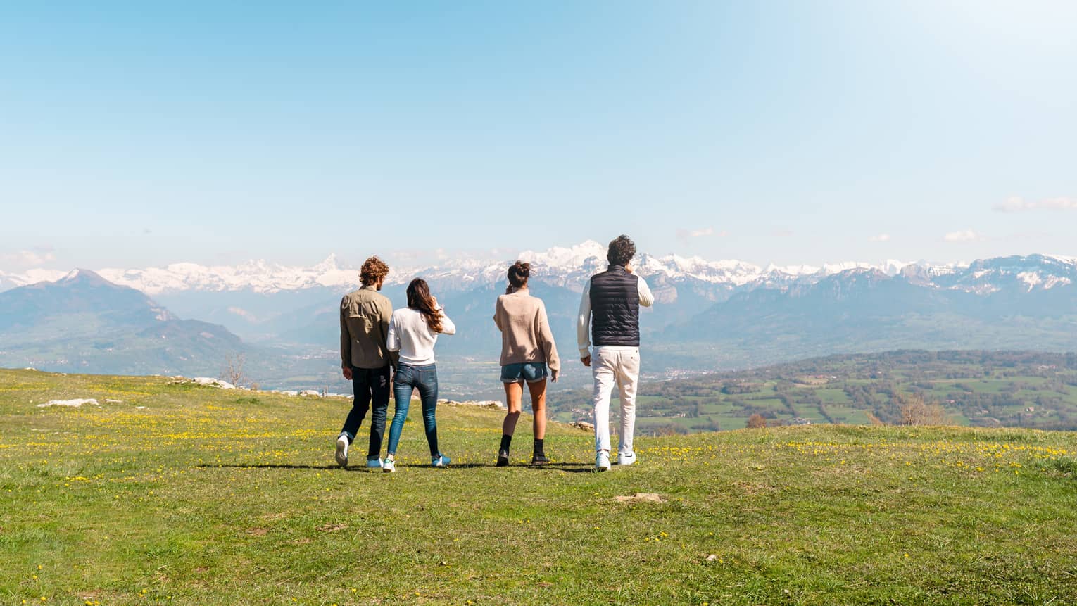 Rear view of four friends standing on a mountaintop looking at snow-capped mountains