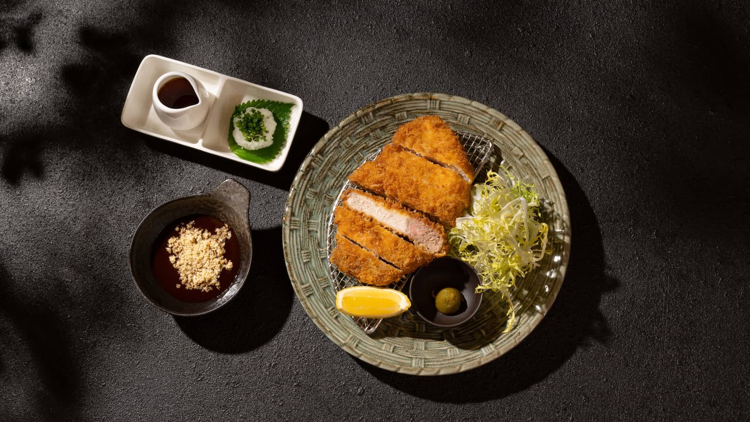 Deep-fried Iberico pork cutlet with accompaniments