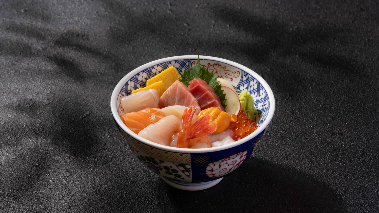 Kaisen donburi bowl with Chutoro, Tuna, Sea Urchins, Botan Prawns, Scallops, Octopus, Sea Bream, Amberjack, Salmon, Salmon Roe, Tamago, Sushi Rice