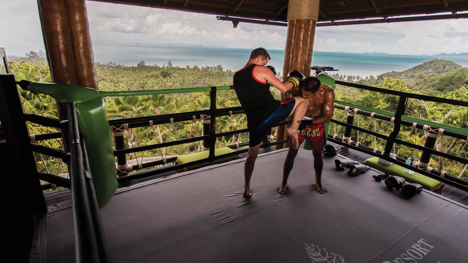 Two boxers, one's knee on the other's chest, on a padded floor against a backdrop of lush jungle and serene ocean.