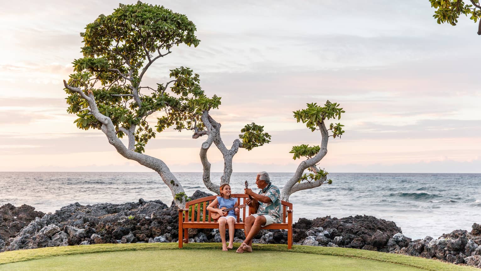This image depicts a man and a child both playing the ukulele on a bench in front of a tree and the ocean, and is connected to ESG and sustainability