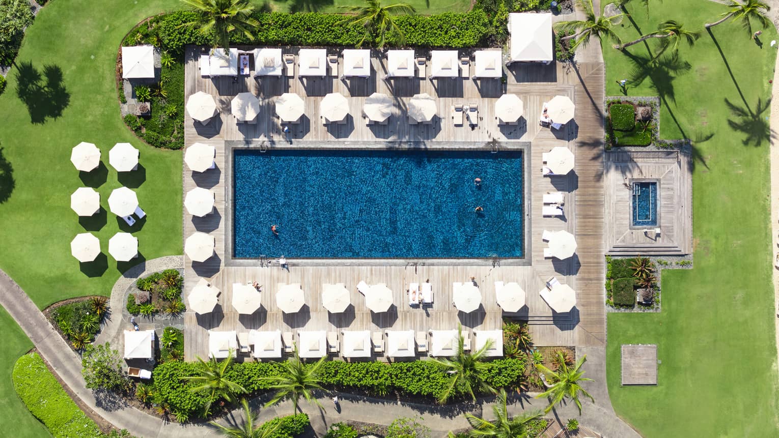 Aerial shot of large rectangular pool surrounded by white umbrellas, cabanas and green lawn