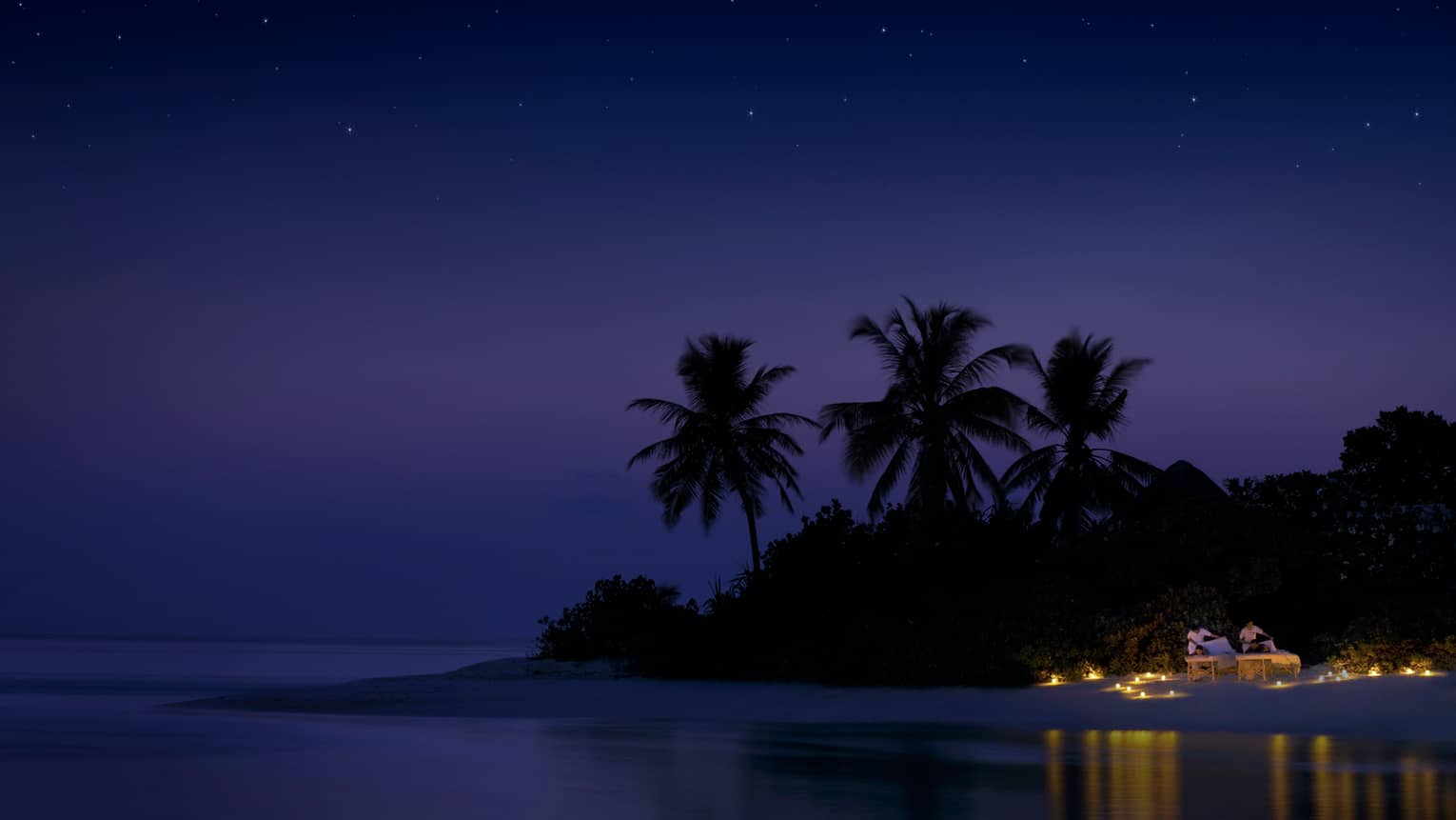 Night view of spa rituals, two guests have massages on candlelit beach under starry sky
