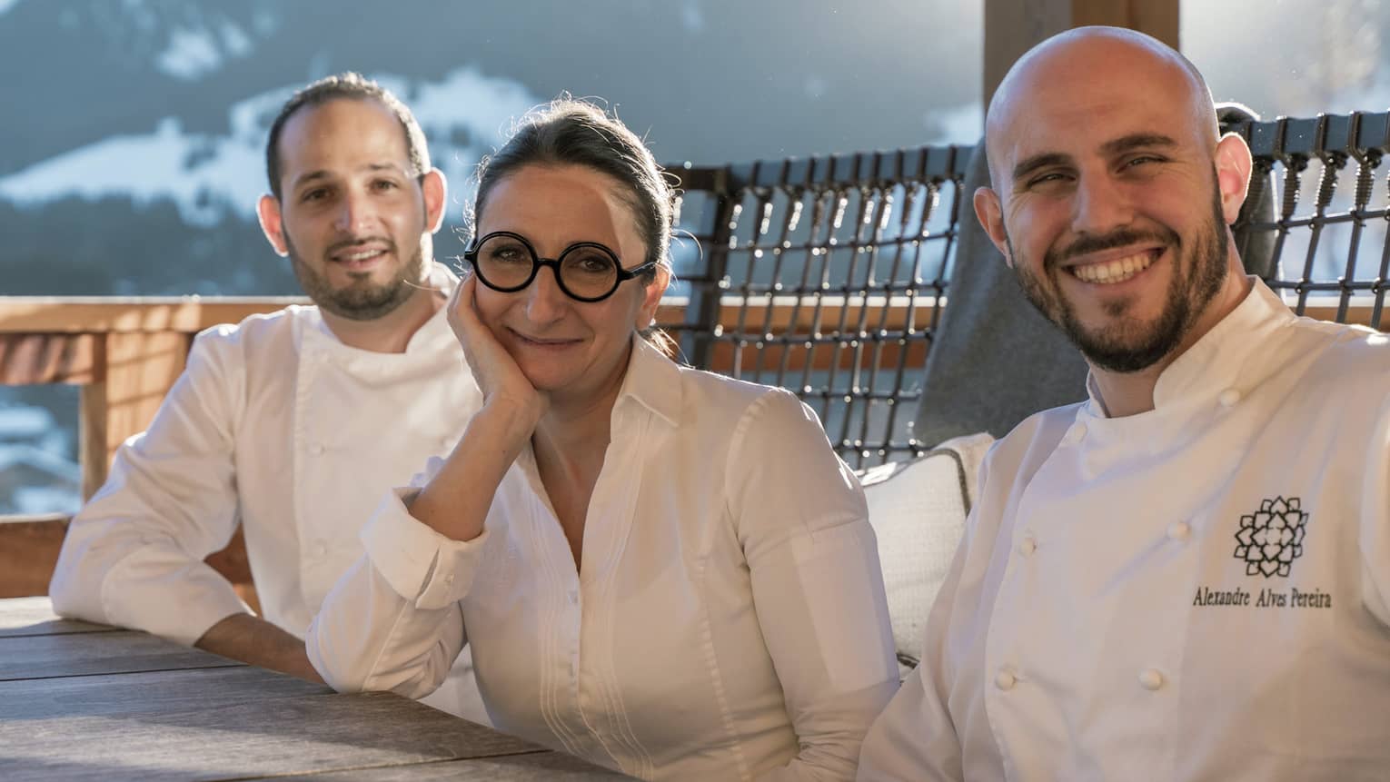 Jonathan Chapuy, executive pastry chef, and Alexandre Alves, executive chef of La Dame de Pic - Le 1920 with chef Anne-Sophie Pic