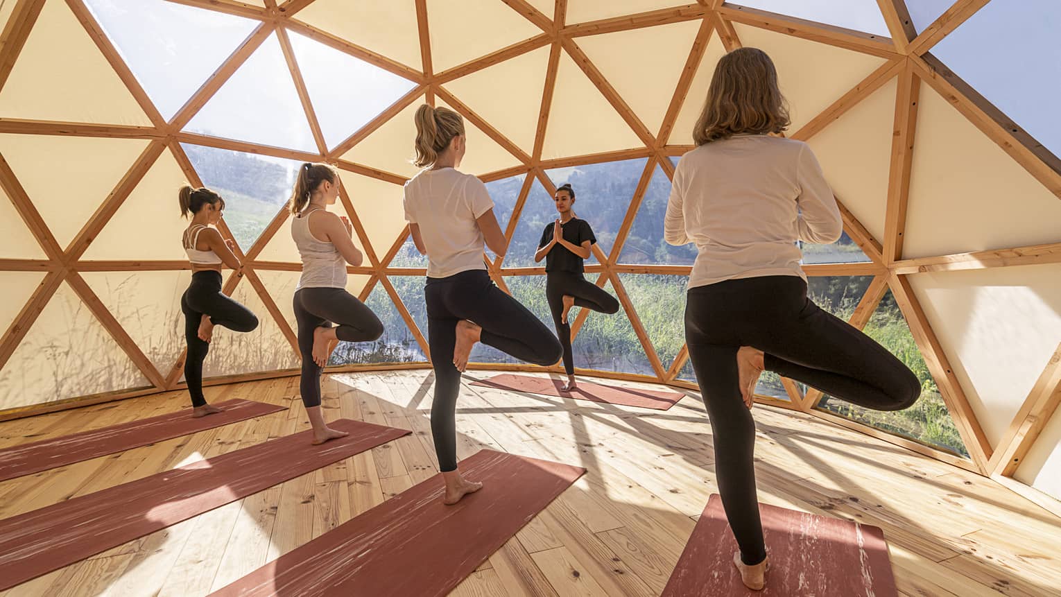 Three women standing in crane pose facing yoga instructor inside eco-friendly geodesic dome