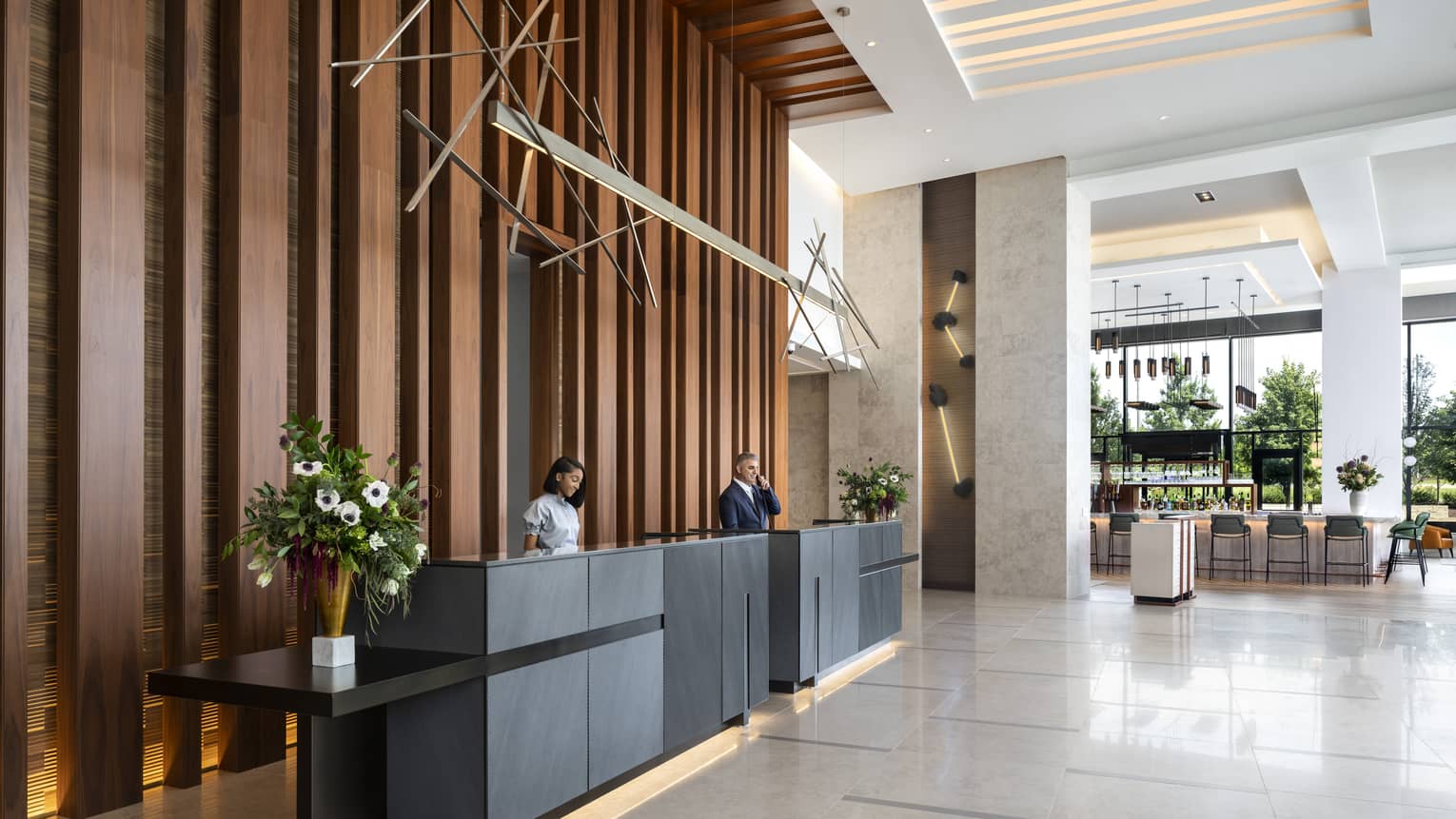 Hotel lobby with two front desks
