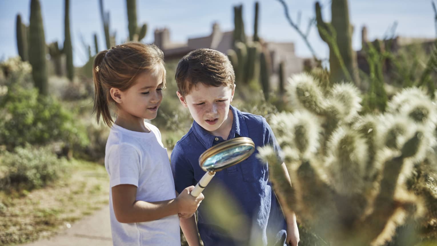 A little boy and girl investigate a cacti's arm with a magnifying glass