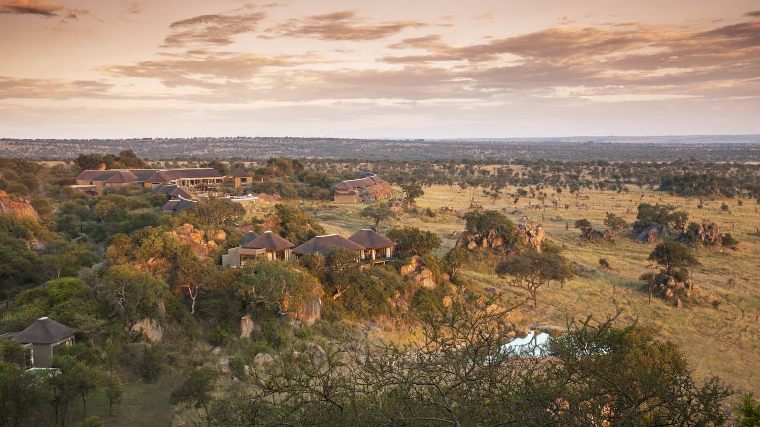 Sunset over villas, plains at Four Seasons Safari Lodge Serengeti 