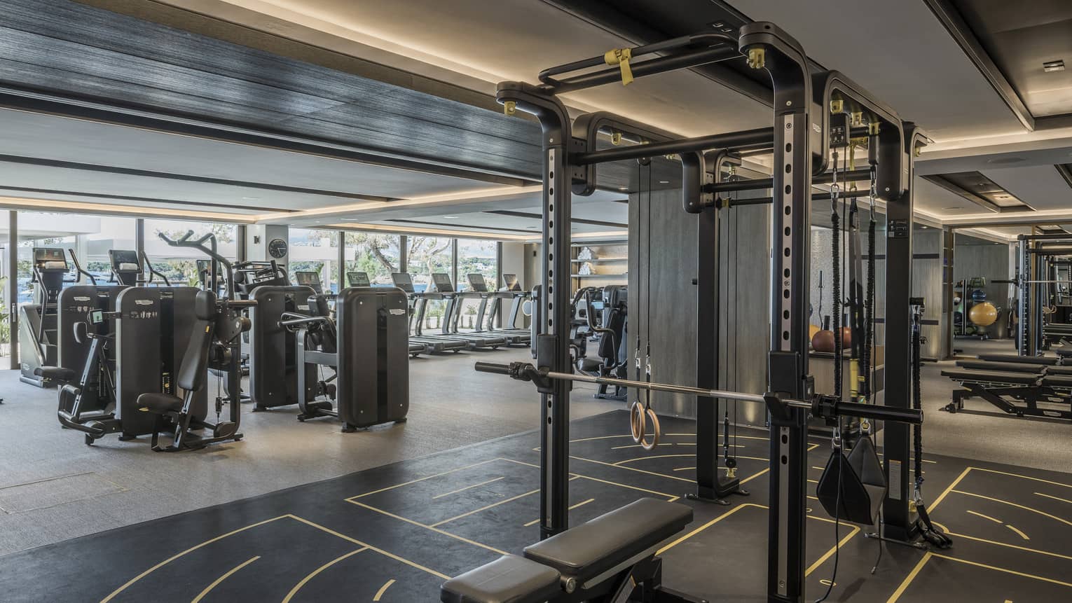 Naturally lit indoor gym with bench-press station and cardio machines in the background