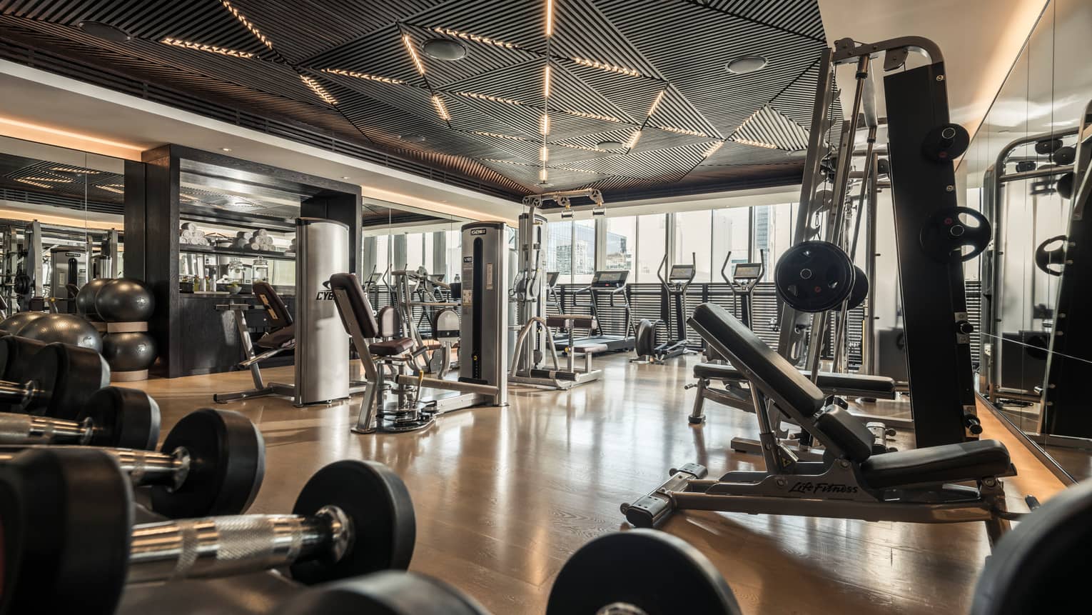 Cardio machines and weight stations line the Fitness Centre 