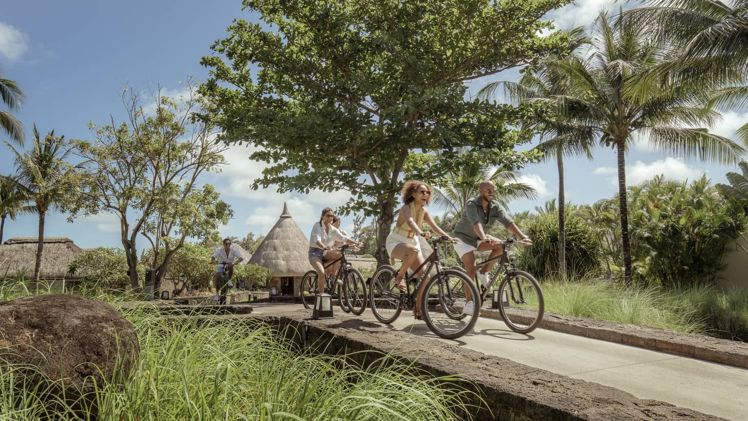 A group of friends cycle over a small bridge flanked by tall grasses and palm trees