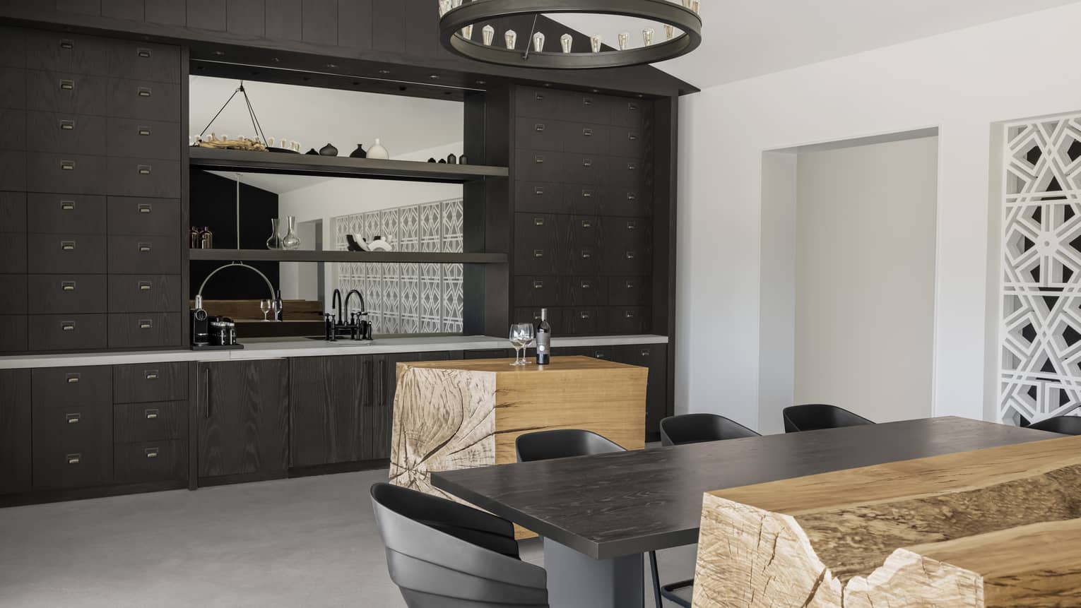 Kitchen and dining table with natural wood blocks as an island and bench