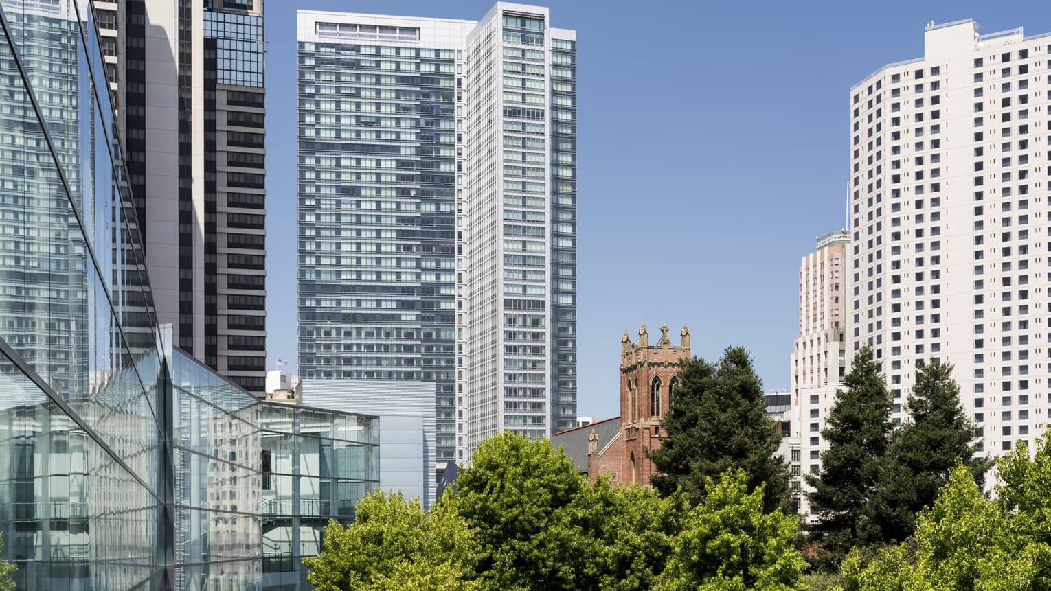 Outdoor view of tall buildings in San Francisco's Yerba Buena neighbourhood on sunny day