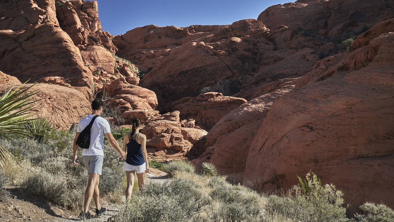 A couple walks along a path surrounded by red rocks 