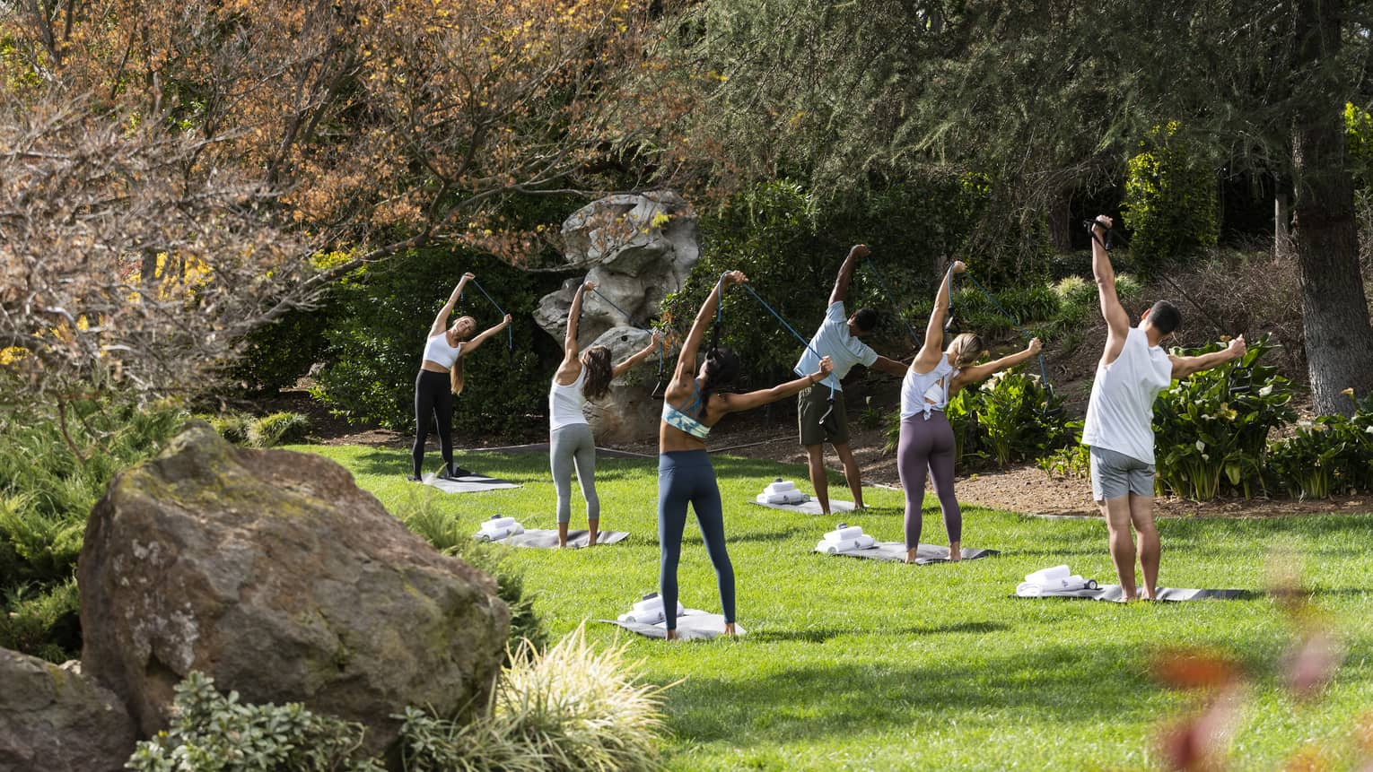 A group of people doing yoga outside on grass surrounded by trees.