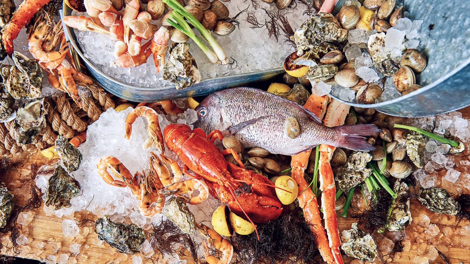 Aerial view seafood platter with whole fish, lobsters, clams and shrimps on bed of ice cubes