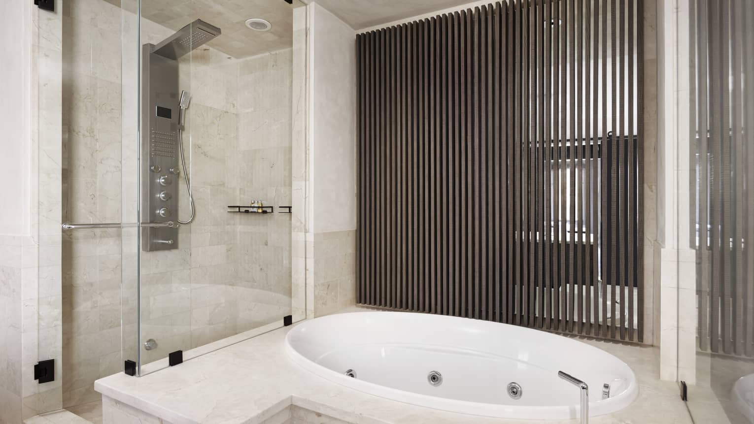 Sunken bath tub and adjacent walk-in shower with jets