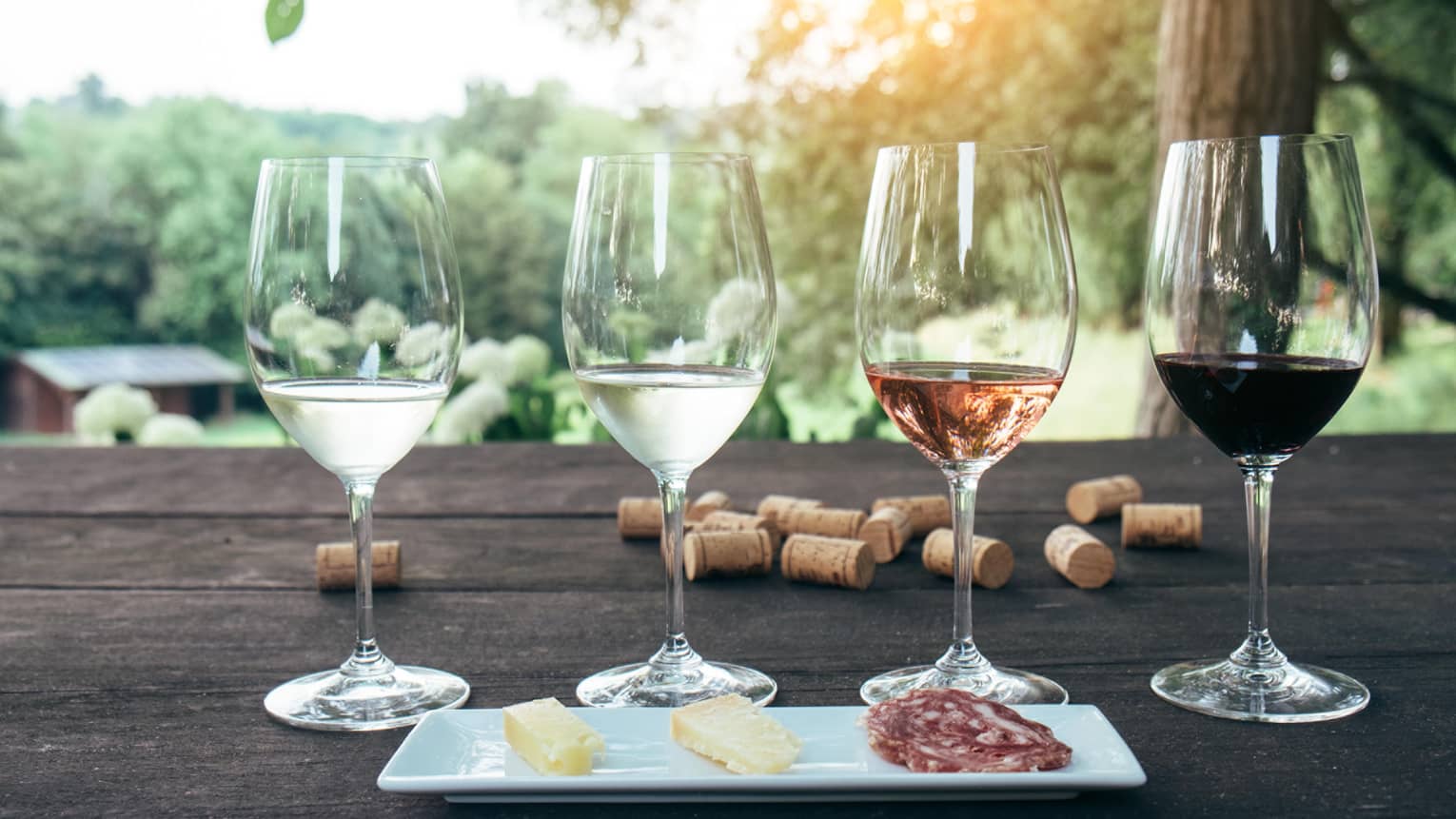 Tasting glasses of white, rose and red wine in row behind cheese platter on patio table, corks