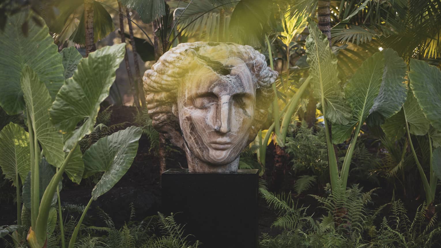 Bust with closed eyes amid tropical foliage