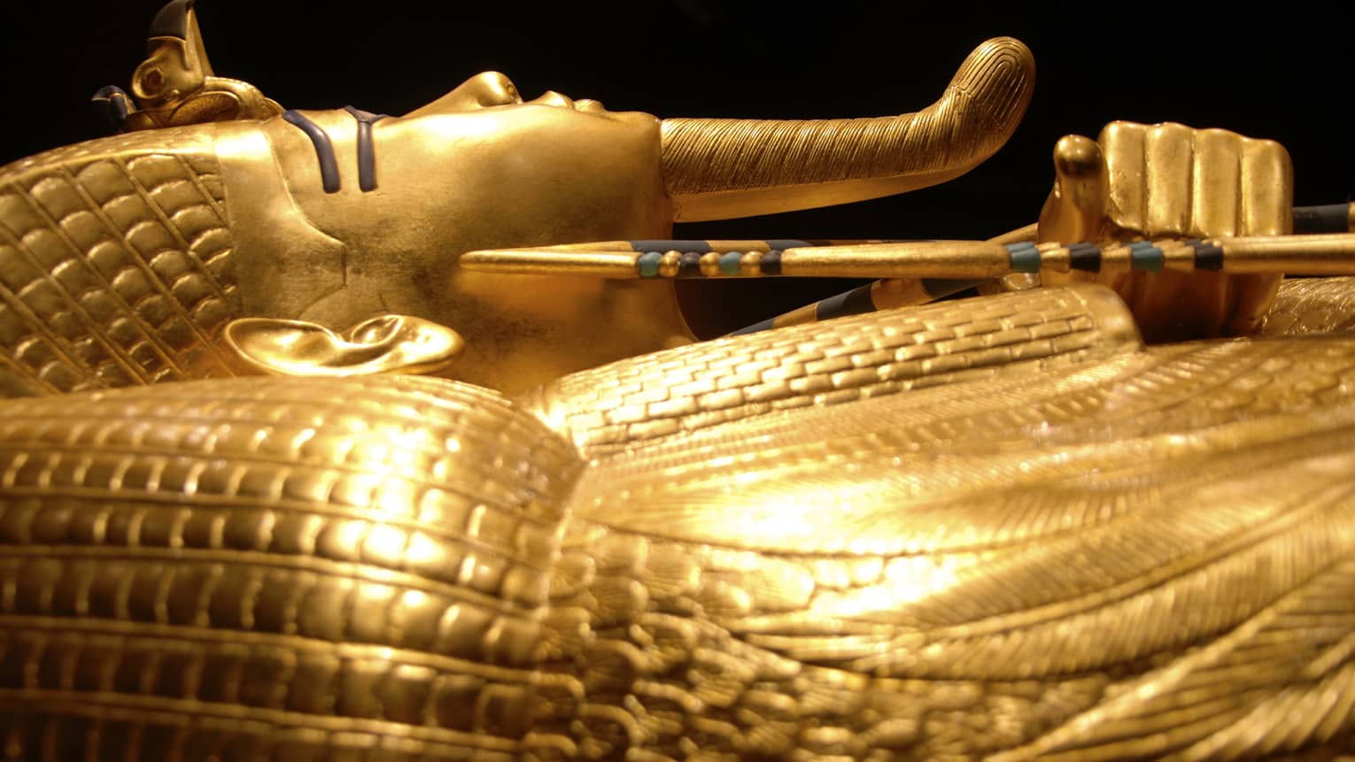 Side view of gold Pharaoh King Tutankhamun tomb in Cairo Egyptian Museum