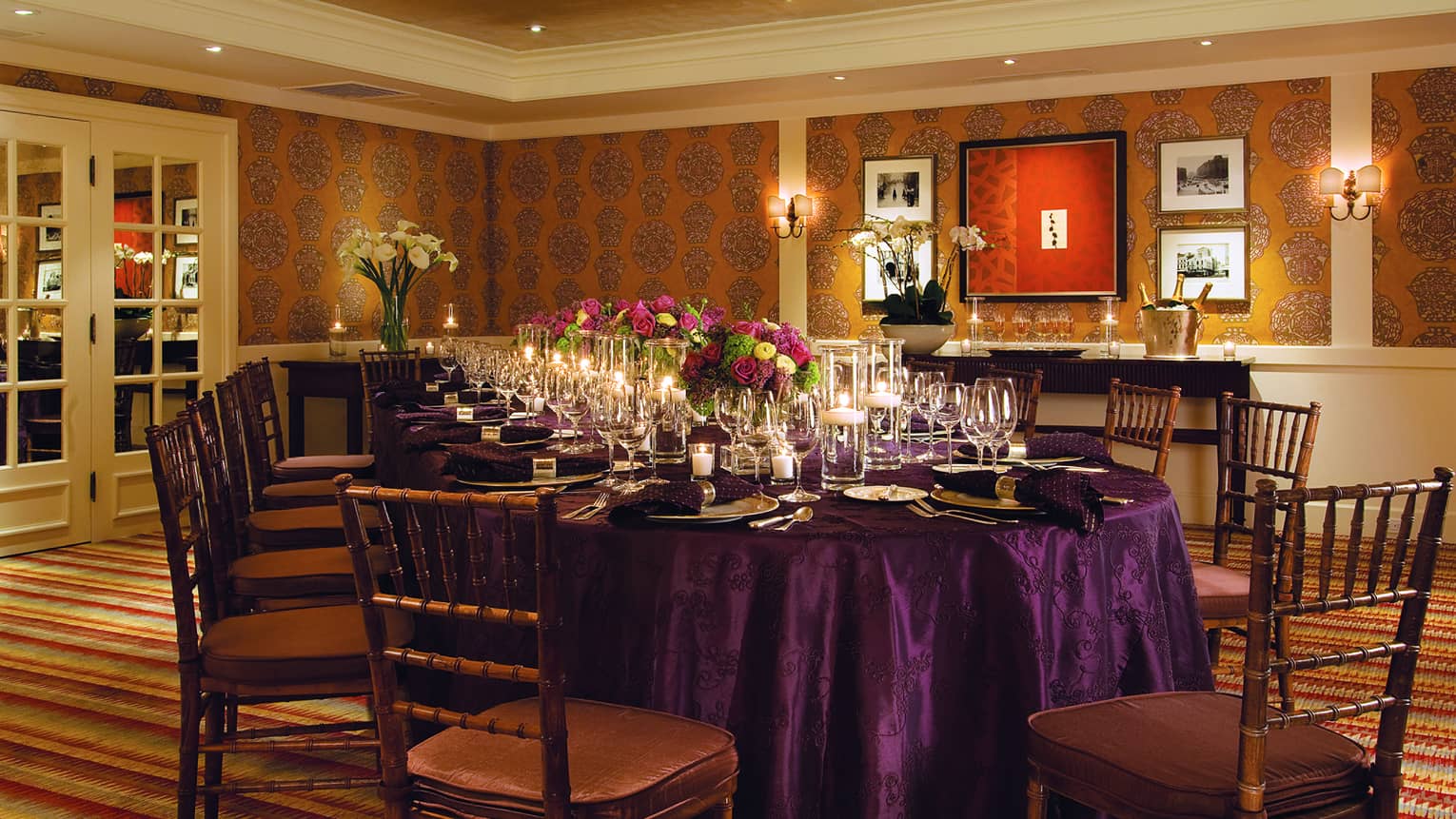 The wallpapered Parris Room and intricate, long tablescape at Four Seasons Hotel Boston.