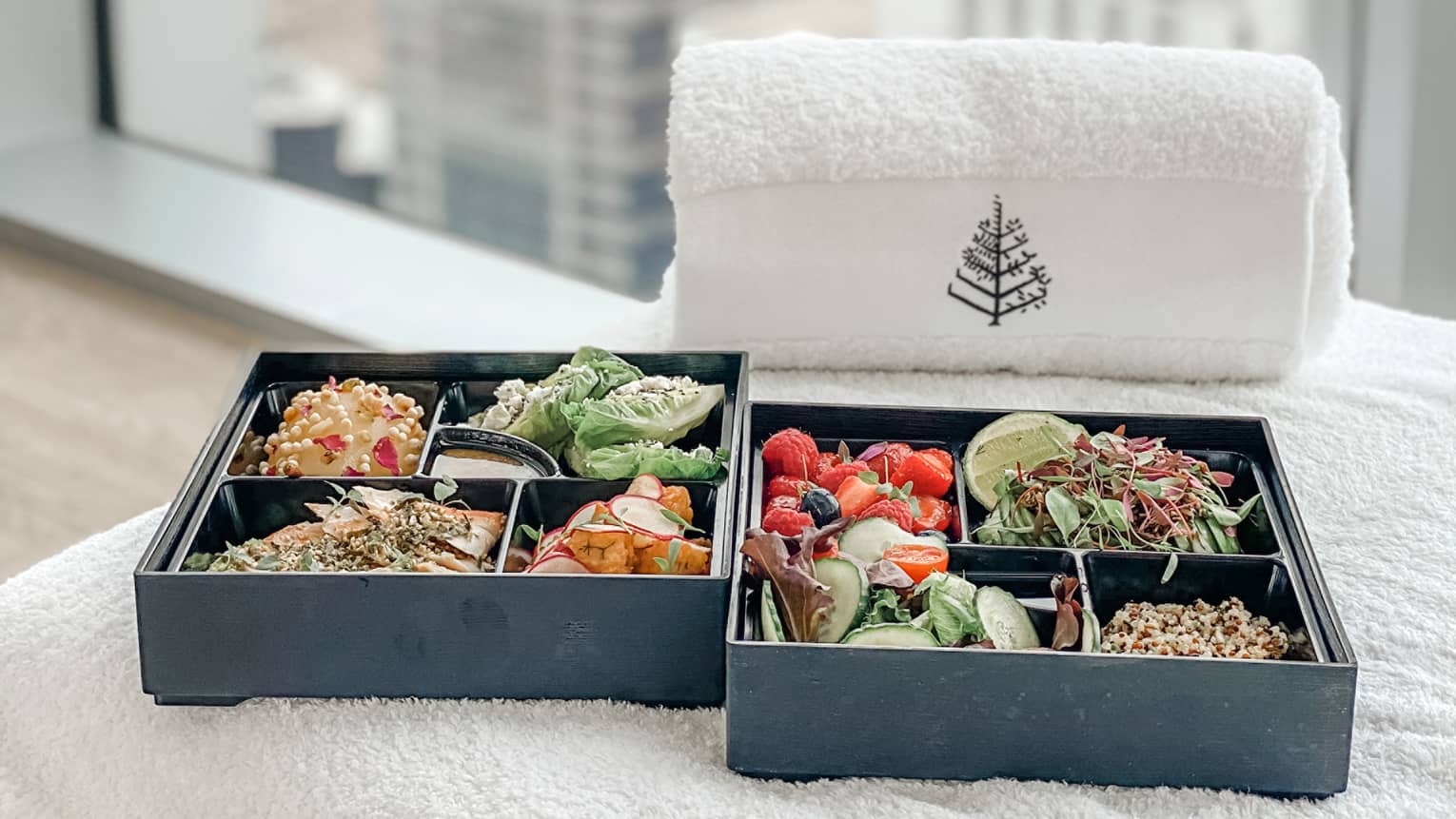 Two bento box lunches with vegetables, rice, and salad on a towel near a window looking at a tall building.