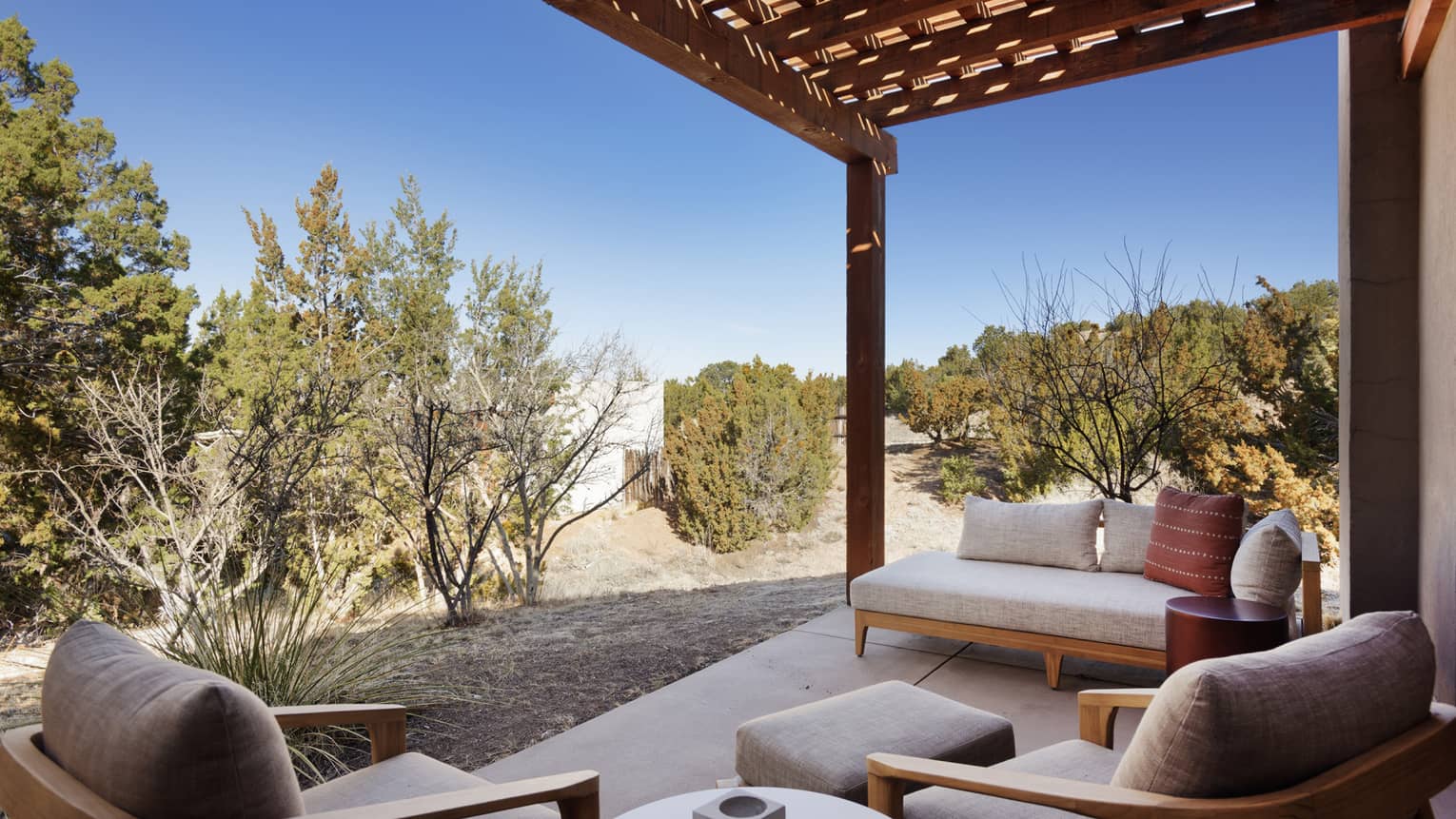 Furnished terrace under pergola, guest room at Four Seasons Resort Santa Fe