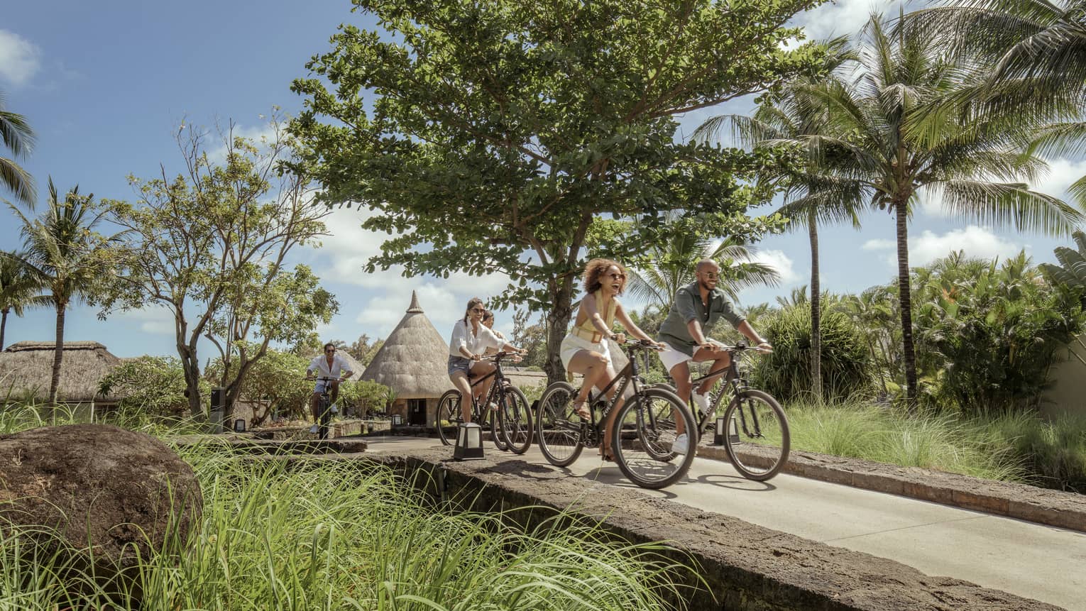 A group of friends cycle over a small bridge flanked by tall grasses and palm trees