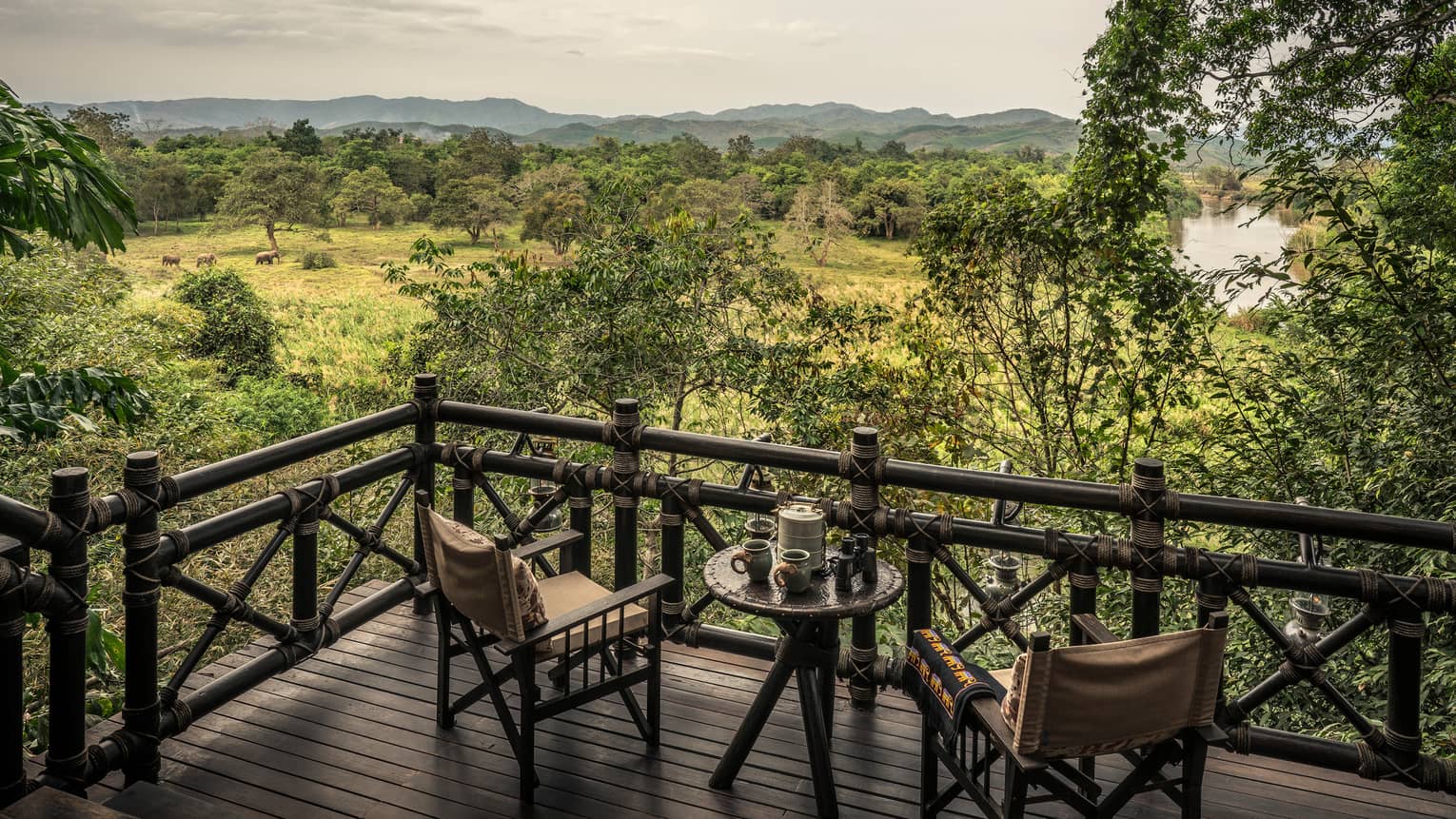 Wood chairs on balcony, looking out at green field with roaming elephants