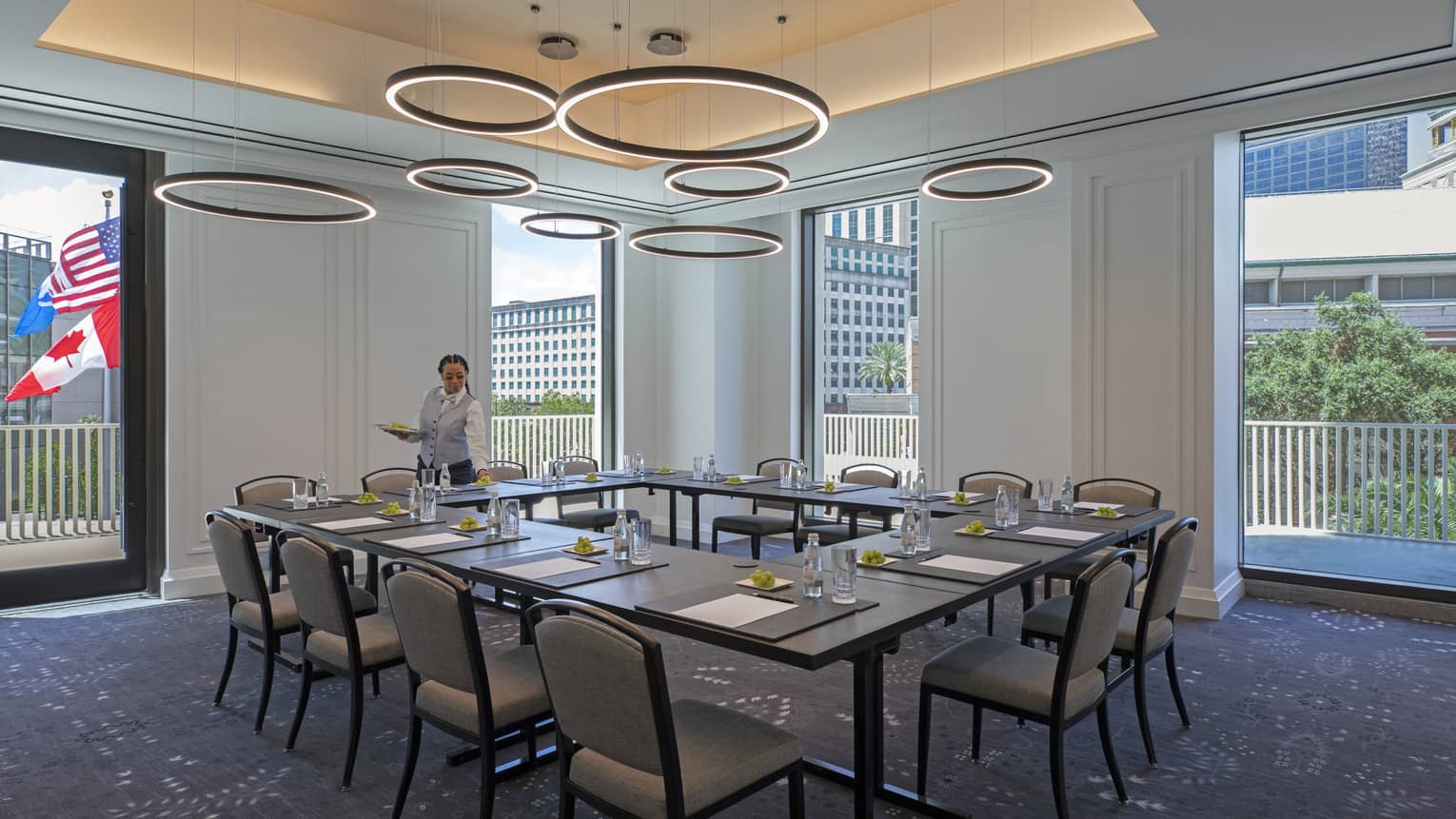 Meeting room with u-shaped table set for twelve, floor-to-ceiling windows, natural light, circular hanging decor