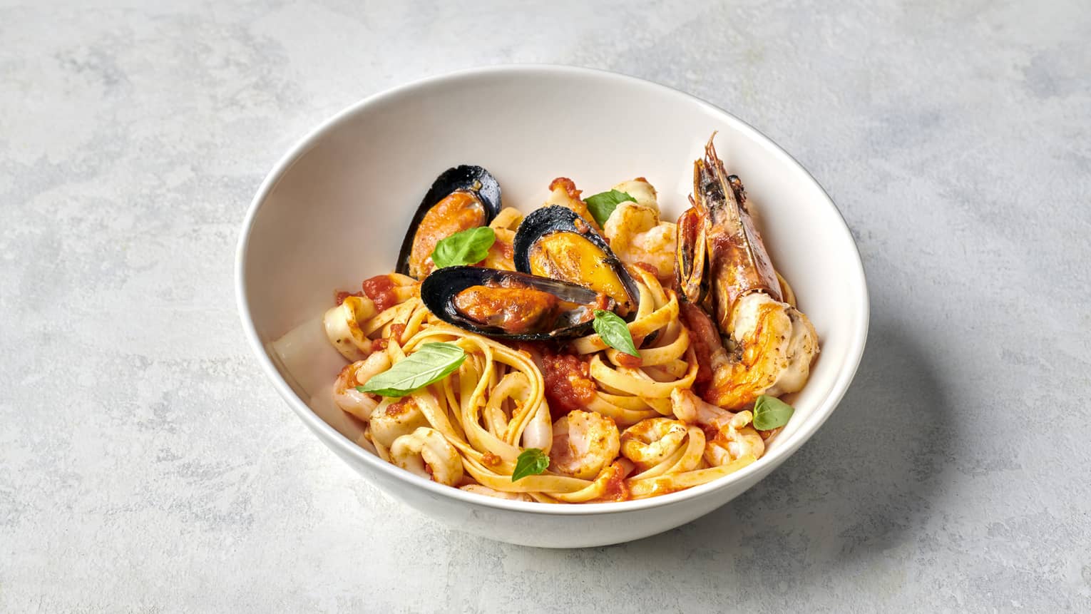 Seafood Linguine in white bowl