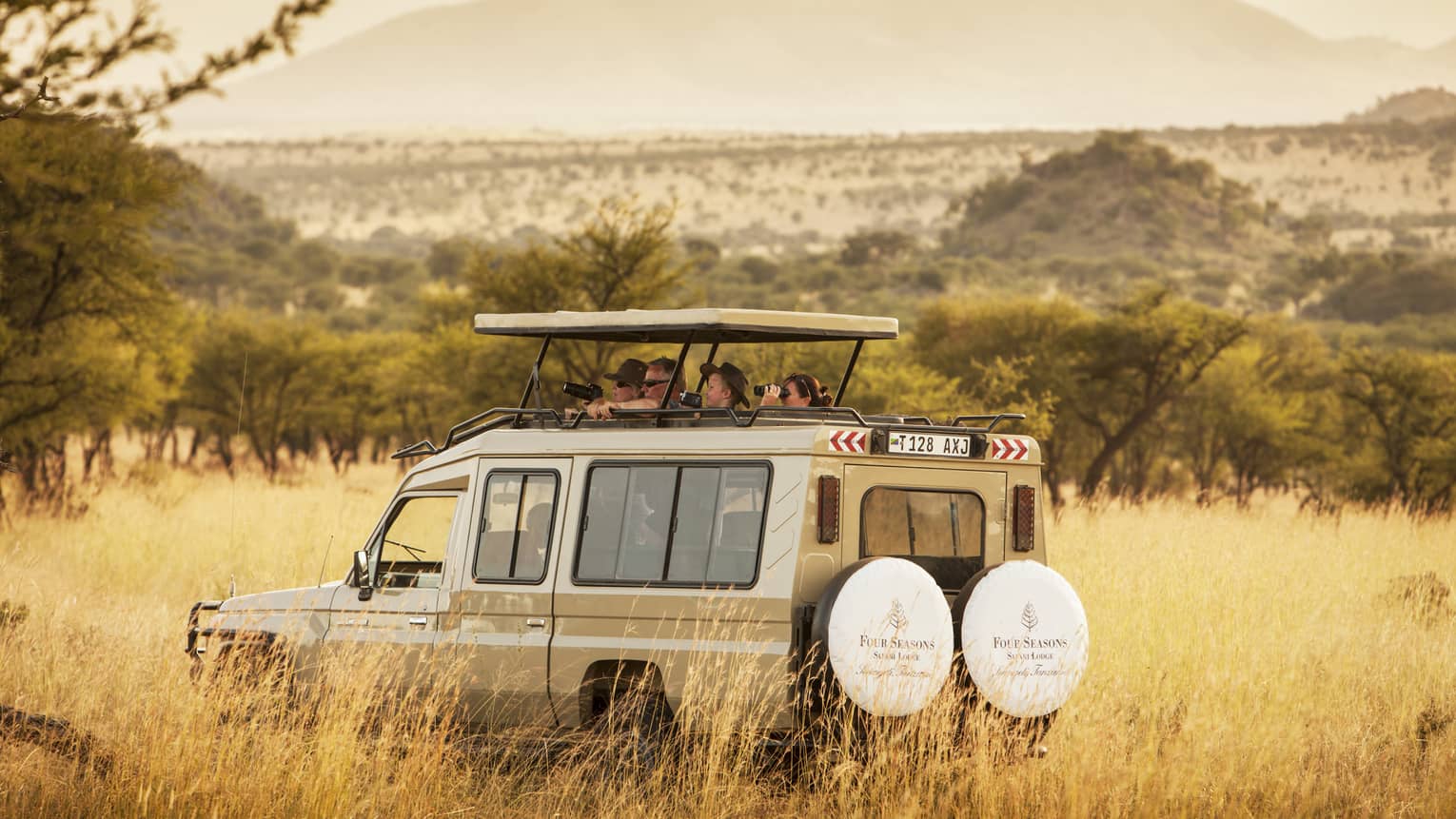 Guests peek out from white safari jeep roof in tall grass of Serengeti park