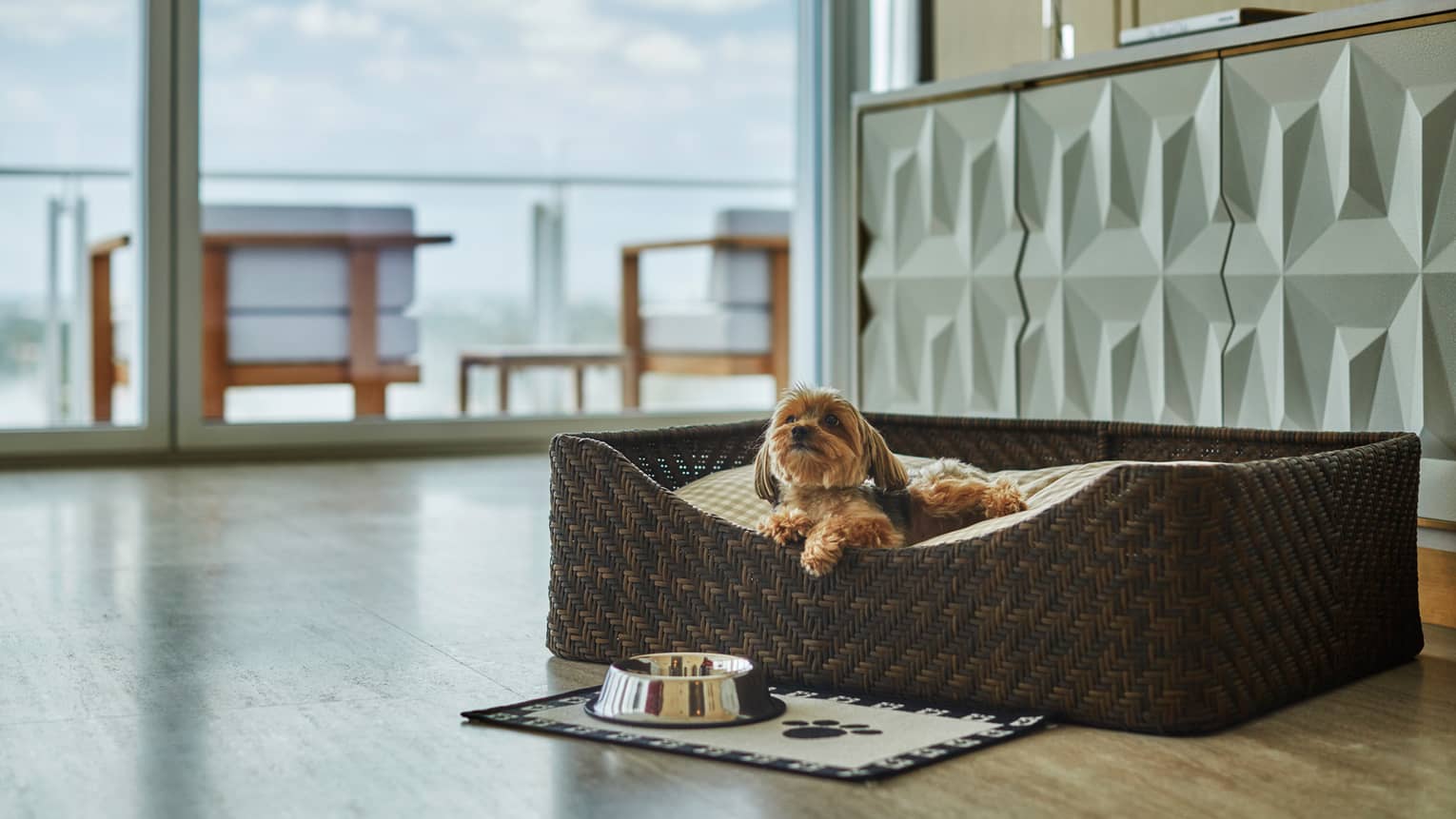 A small dog lounges in basket in front of a mat and bowl by a glass balcony door. Pet amenities are provided for at the private residences at Four Seasons Hotel at the Surf Club, Surfside, luxury vacation rentals in Miami.
