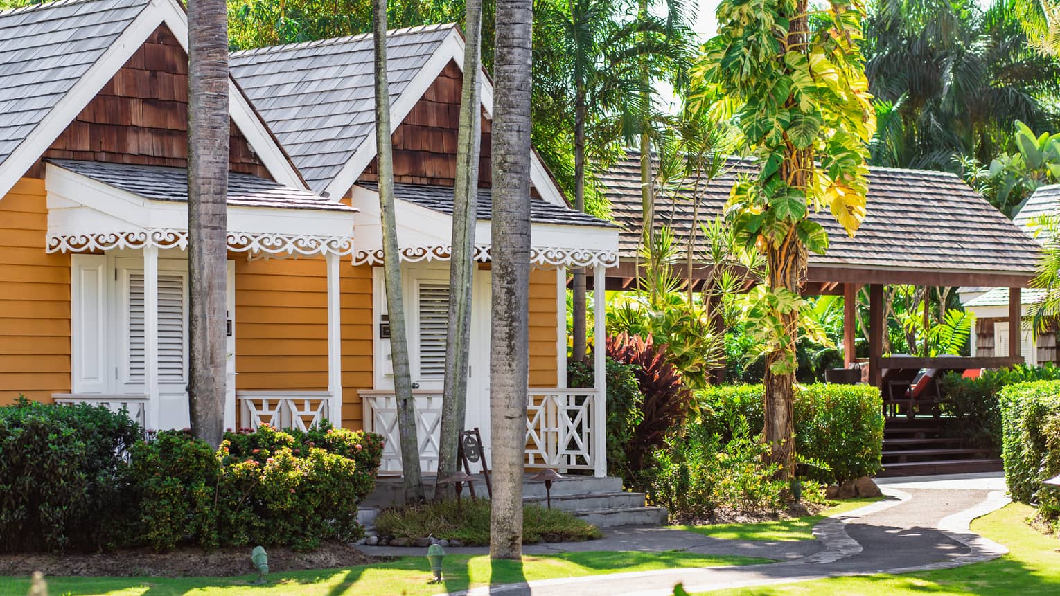 A small wooden building on a path surrounded by palm trees and plants.