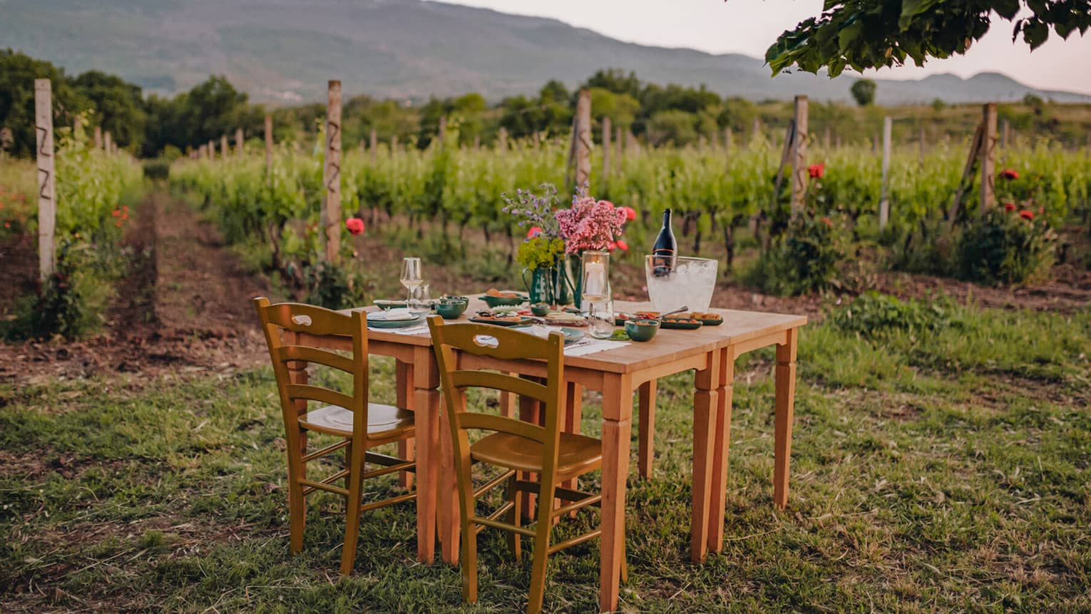 A wooden dining table filled with various dishes and floral arrangements in a lush green vineyard with a mountain view