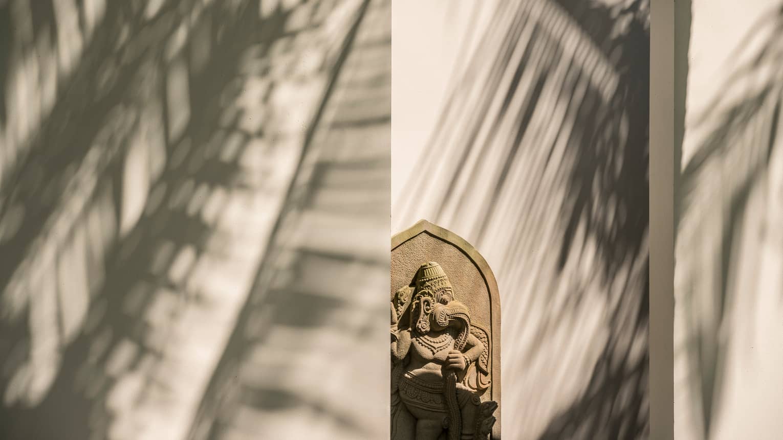 Stone carving on outdoor wall with shadows of palm fronds 