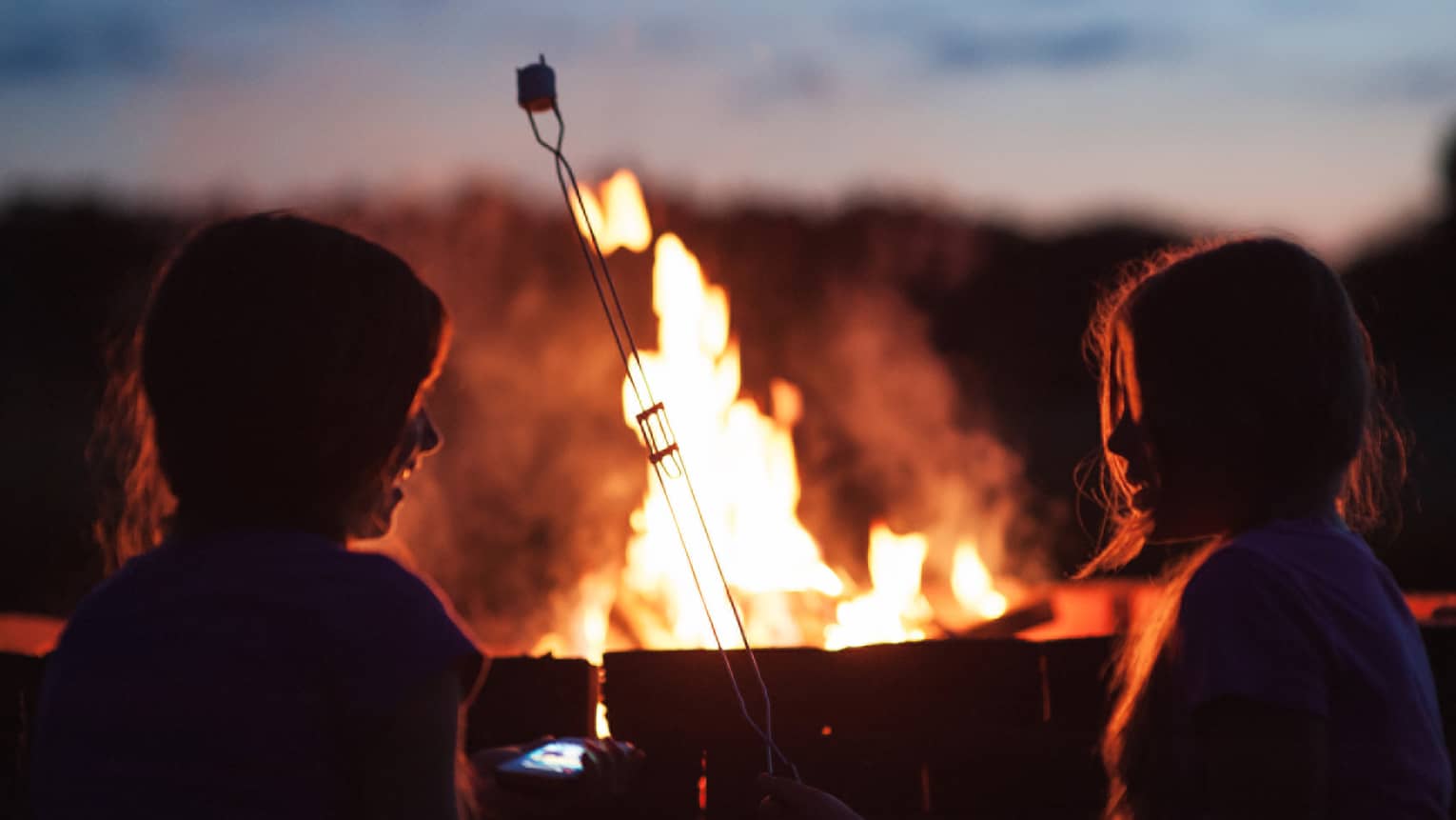 Silhouette of two children roasting marshmallows in front of roaring bonfire 