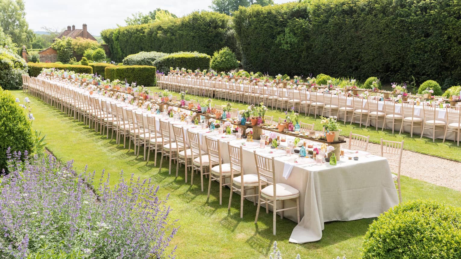 An outdoor reception in a garden, with very long rectangular tables set with flowers, plates and silverware