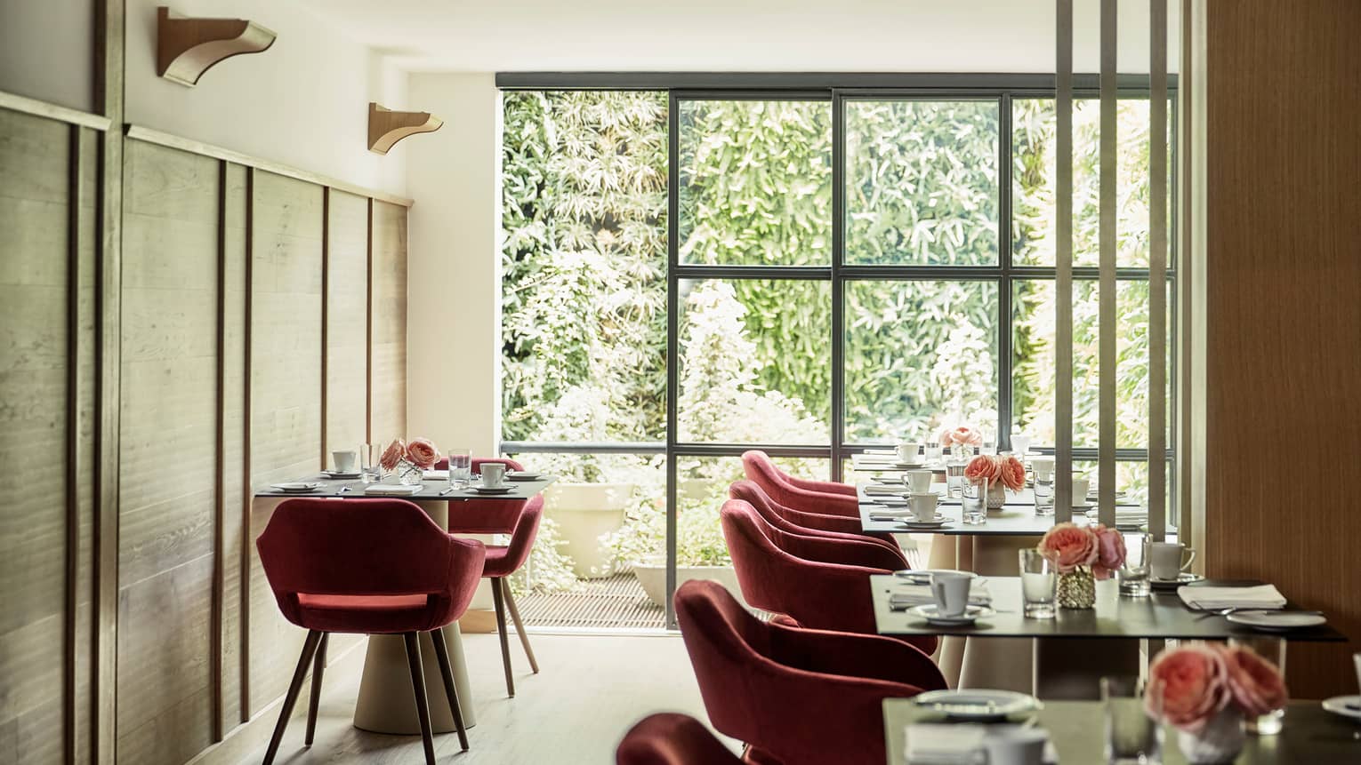 Biblioteca red retro-style velvet dining chairs at table, sunny room with floor-to-ceiling window
