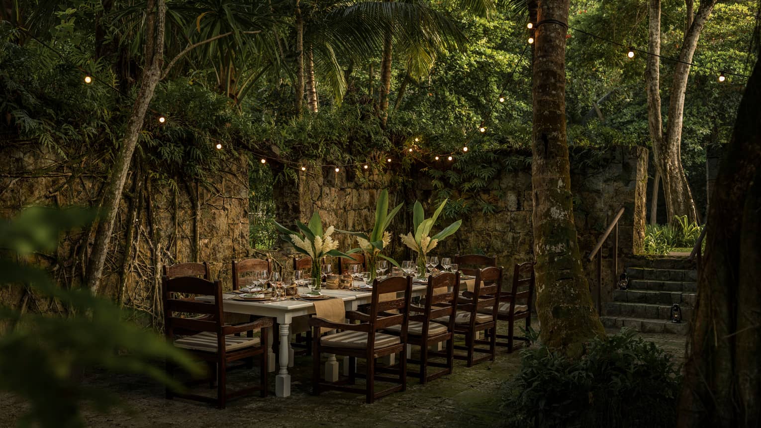 Wooden table with chairs outdoors surrounded by greenery and fairy lights at night