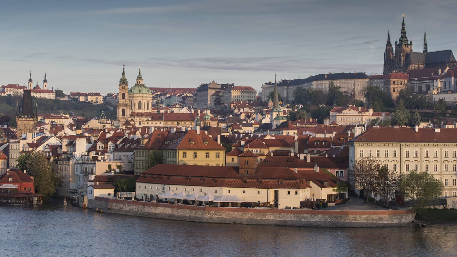 View across water to Prague city skyline