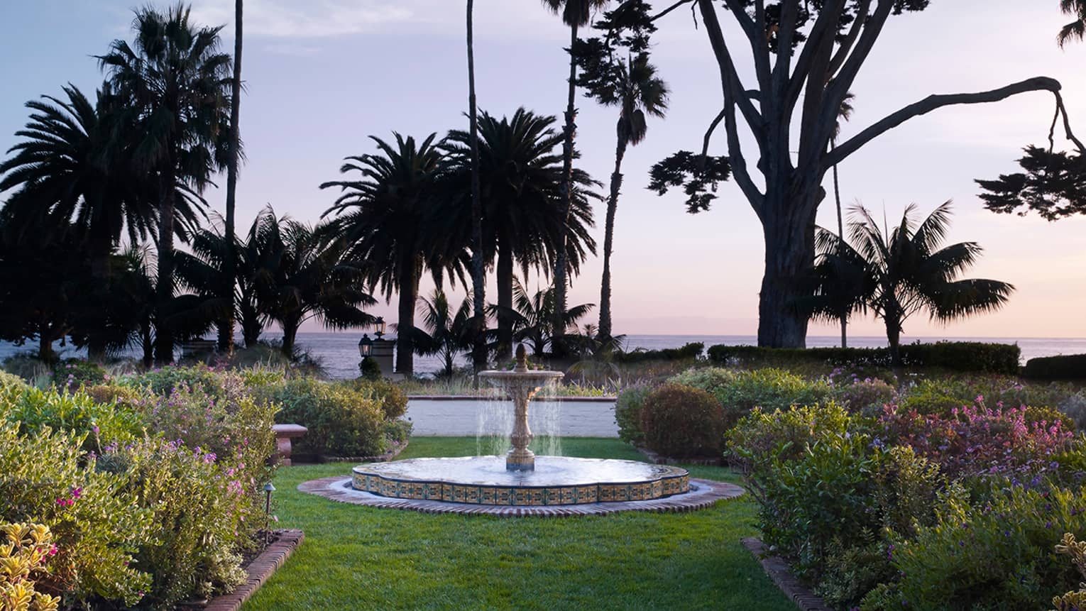 Small circular fountain on lawn, garden, silhouettes of palm trees against sunset