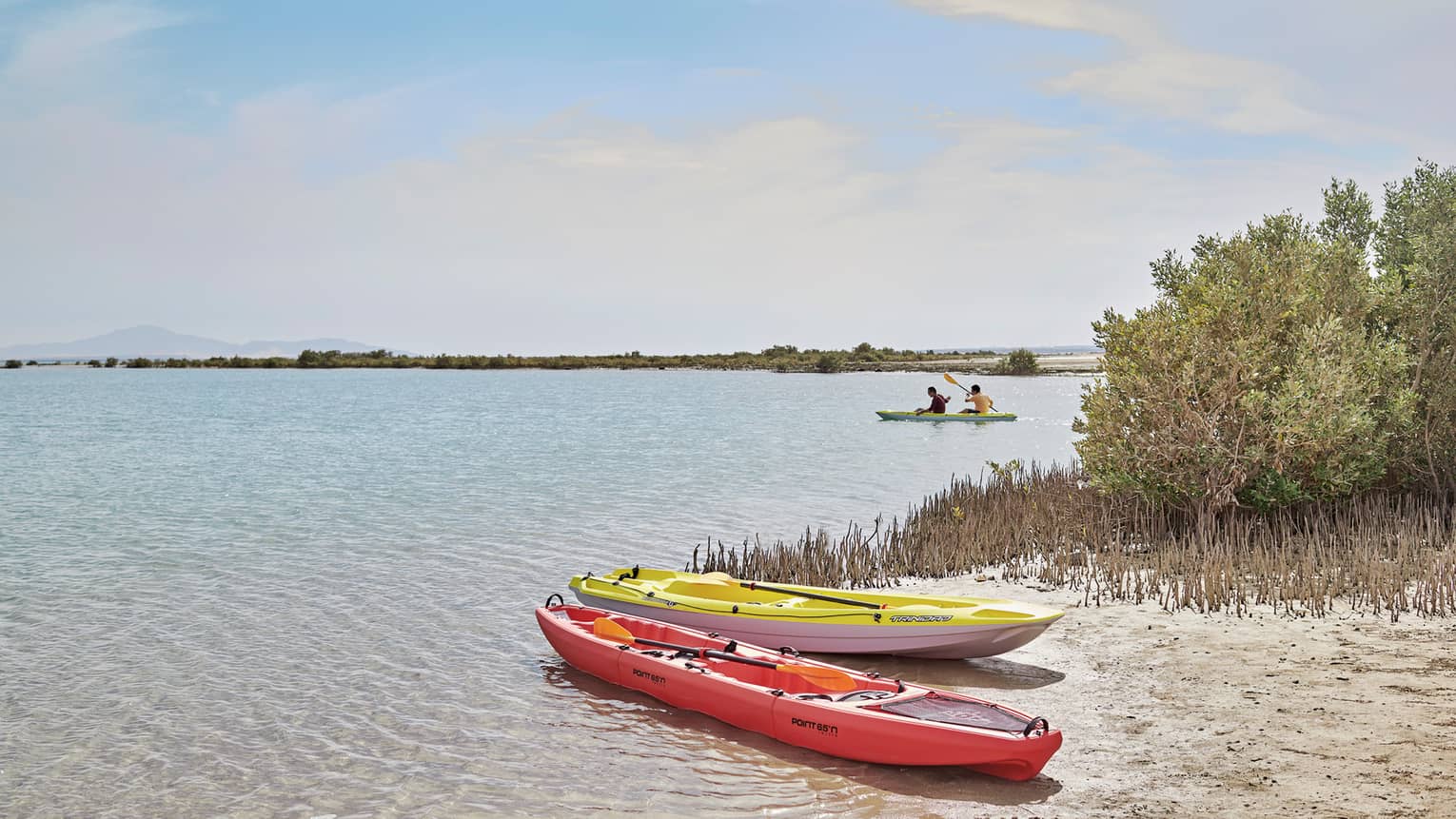 Two beached kayaks – one red, one yellow – amid grass and shrubs; two people paddling in a tandem kayak in the distance.