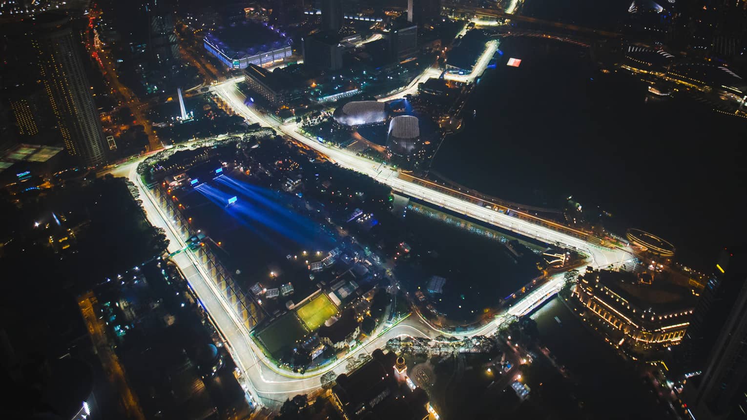 ,An aerial of a race track through downtown Singapore at night