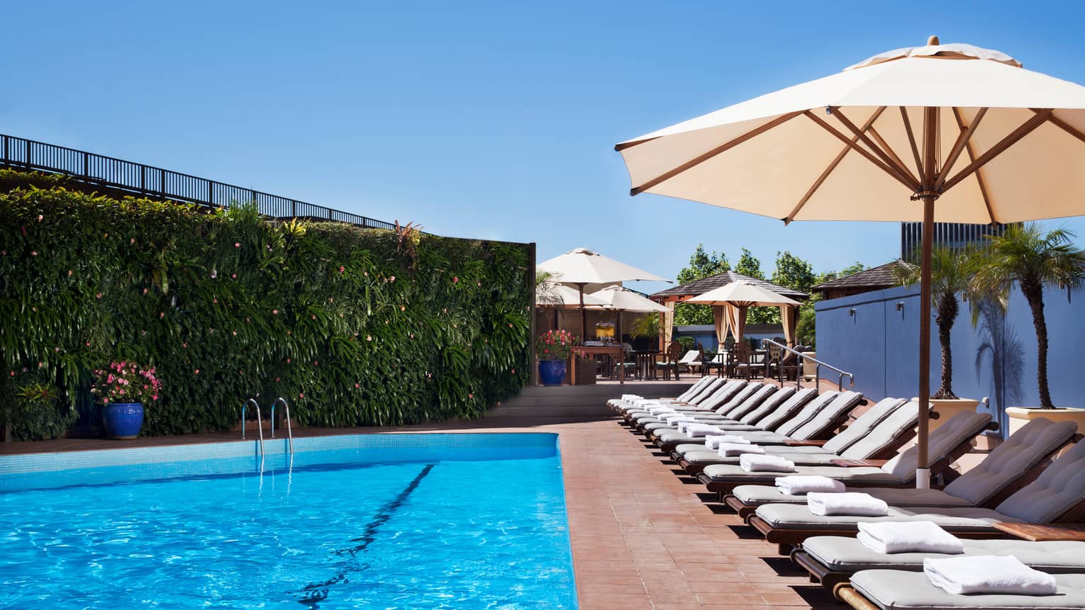 White lounge chairs lined up on deck under patio umbrella by blue outdoor swimming pool