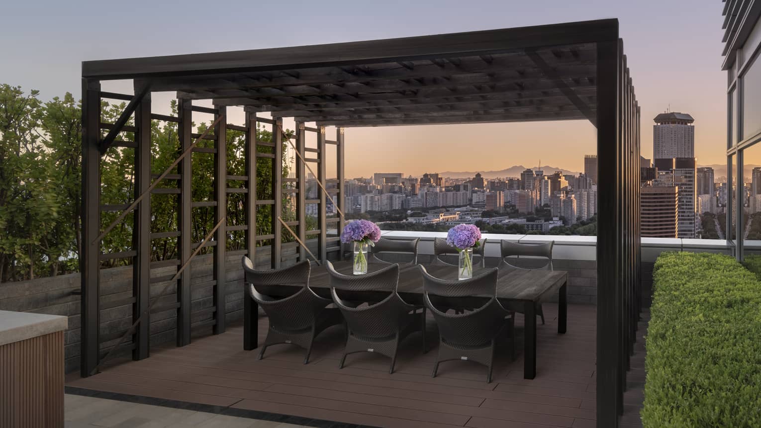 Outdoor city rooftop terrace, with dining table under a pergola