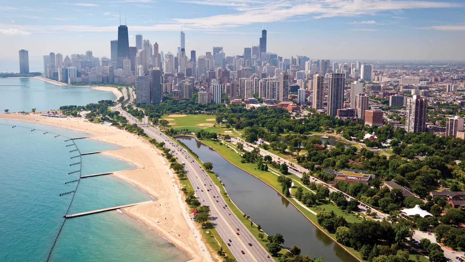 A beachfront view of Chicago on a sunny day